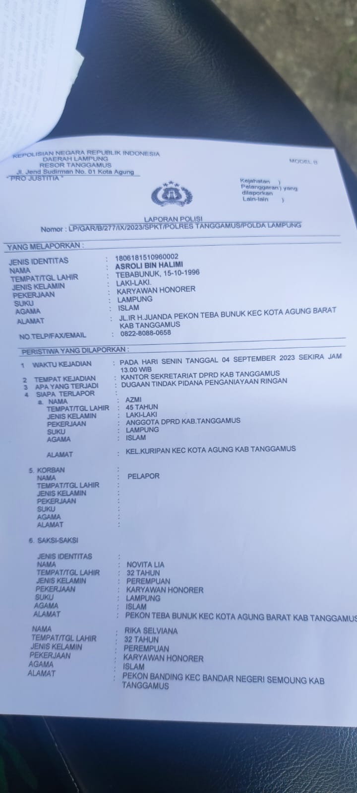 Oknum Anggota DPRD Kabupaten Tanggamus dari Partai PDIP, di Laporkan ke- Polres Tanggamus Dugaan Tindak Pidana Penganiayaan