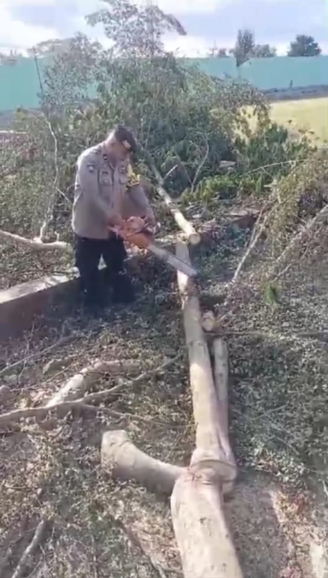 Gerak cepat dari kepala Unit binmas polsek Nagrak bersihkan pohon tumbang di desa nagrak selatan