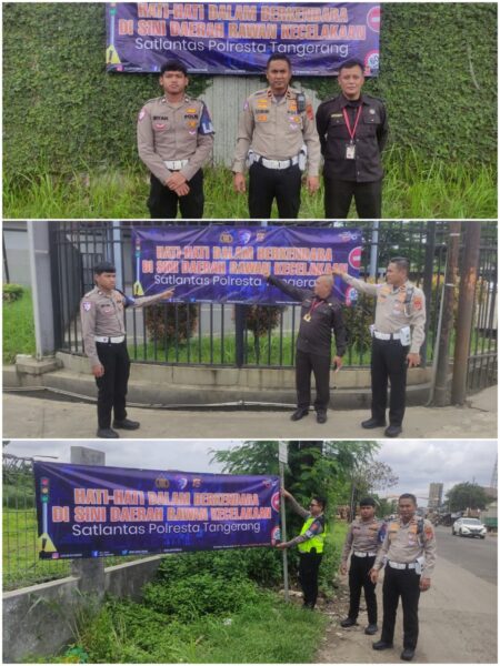 Satlantas Polresta Tangerang Pasang Spanduk Imbauan di Titik Rawan Kecelakaan Pasar Kemis