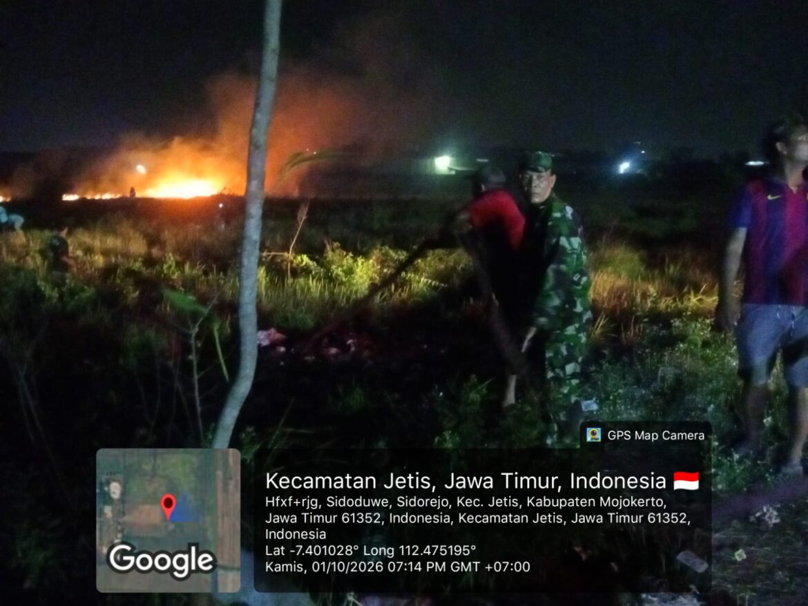 Cegah Api Meluas, Koramil 0815/07 Jetis Bersama BPBD Padamkan Kebakaran Lahan di Sidorejo